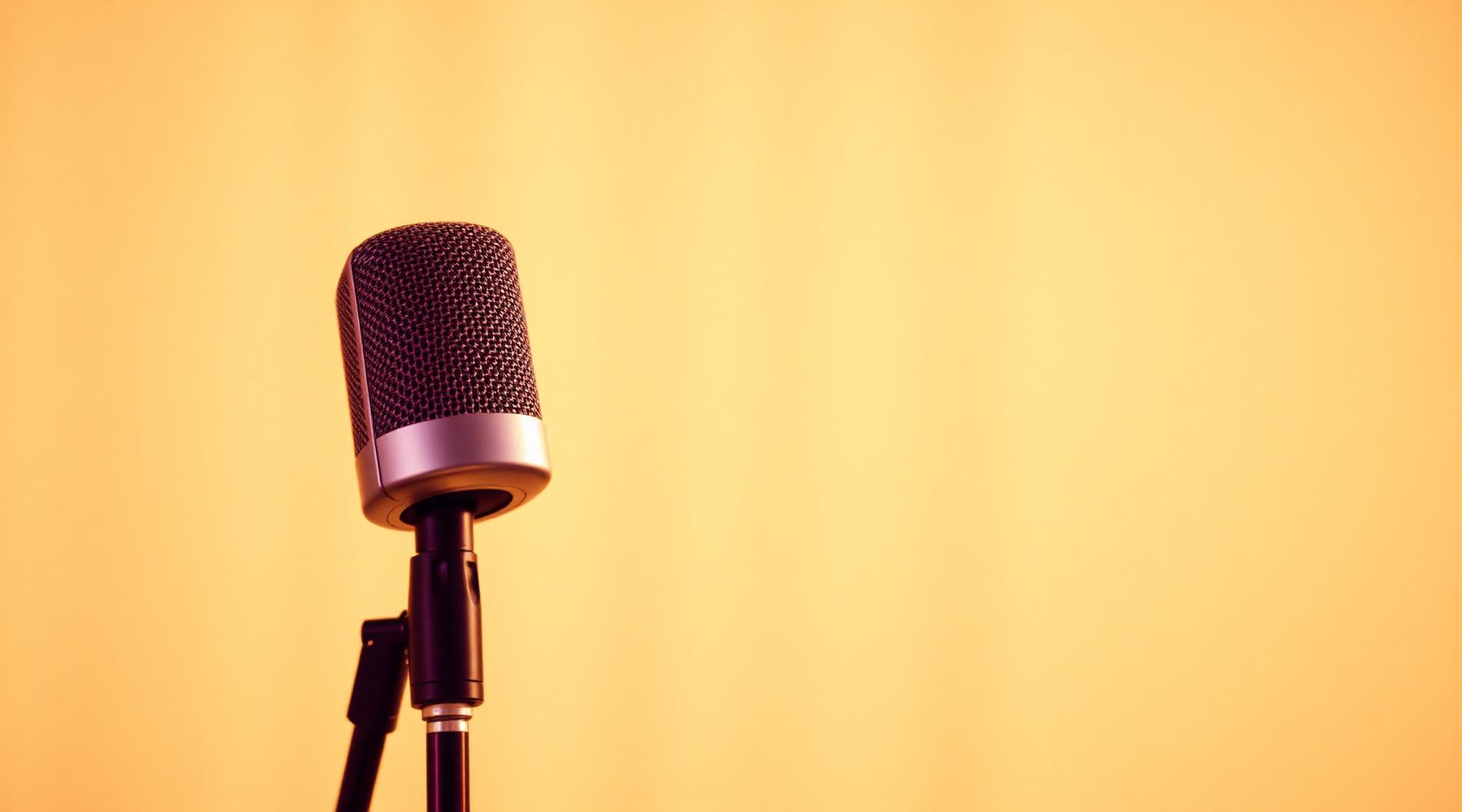 A microphone in warm light, representing speaking engagements